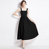 Summer New French Temperament Square Necker Sling Dress Women's Waist Thin Dress A Word Fluffy Long Dress 68HZ