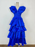 Spring And Summer 2024 New V-Neck Flying Sleeve Embroidery Splicing Wooden Ear Layer Mid-Long Dress Dress Australian Vacation 68HZ