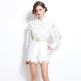French Famous Yangyang Age-Reduce Women Senior Feel Waist Lace With Lantern Lace Spliced Shirt + High-Waisted Shorts 68HZ