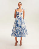 2024 French Super Fairy Holiday Sling Belt Sleeveless Waist-Free Blue Printed Dress Body-Drag Skirt 68HZ