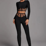 Black Long-Sleeved Round-Neck Two-Piece Set Mesh Yarn Hollow High-Waisted Trousers Burst Banding Dress Factory 68HZ