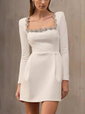 Famous Wind To Close The Waist Thin Dress 2025 New Temperament Square Collar Diamond Design Short Dress Woman 68HZ