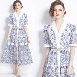 2024 Summer Collar Short-Sleeved Belt-Recely Blue Print Hollow Lace Retro Dress 68HZ