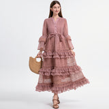 French Retro Court Hollow Lace Splicing Horn Sleeve Dress Female Waist Temperament Over Knee Cake Long Skirt 68HZ
