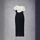 High-End Women's Dress Big Flower Collar Shoulder Repair Slimming Banda Skirt 68HZ