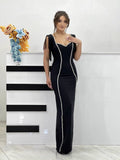 High-End Boutique Women's Low-Chest Sexy Heavy Industry Gorgeous Diamond Tudless Sleeve Banding Evening Dress 68HZ