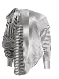 Japan And South Korea Simple Wind 2025 Spring New Fashion Niche Slanted Shoulder Hollow Striped Straight Trouser Shirt Set Female Trend 68HZ