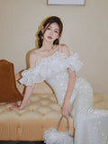 Evening Dress 2024 New Fine Shiny Piece Shoulder Dress Fishtail Dress Three-Dimensional Lotus Bra Little Dress 68HZ