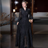 Sexy V-Neck Lace Lace Hook Long-Sleeved Black Swing Dress Dress Dress Stand Girl Spring And Autumn 2025 68HZ