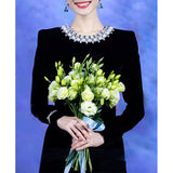Nini Star With The Same Temperament Evening Dress Long-Sleeved Velvet Dress Annual Banquet Girl 68HZ