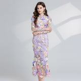 French Light Luxury Heavy Industry Embroidery Three-Dimensional Flowers Waist Long Sleeve Dress 68HZ