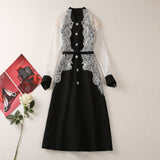 Vintage Feng Shui Soluble Flower Splicing Nails Button Long-Sleeved Black Dress Women's New Spring 2025 68HZ