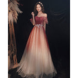 One-Word Shoulder Evening Dress Dress Woman 2025 New Wedding Banquet Dress Atmosphere Thin Brat Bride Toast 68HZ