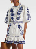 Art Style Single Row Buckle Bubble Sleeve Skirt 2025 New Retro Embroidery Sketch Design Short Dress Women's Summer 68HZ