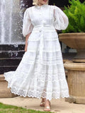Temperament Literary Style Embroidery Design Solid Color Dress 2025 New Lantern Sleeve Strap To Collect Waist Long Dress Dress Woman 68HZ