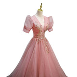 Fashion Evening Dress Dress Female Solid Color Host V Lead French Princess Vocal Art Test Solo Performance Dress Pink 68HZ