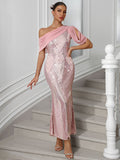 2024 Hot New Women's Dress Single-Shoulder Chiffon Splicing Squint Dress Party Dress 68HZ