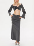 Sexy Wind Two Sets 2025 New One-Word Shoulder Hanging Neck Short Top + Open Skirt Dress Suit Woman 68HZ