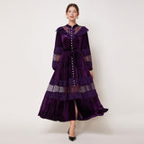 Court-Style Dress Women's French Retro Fashion Collar Pearl Single Buckle Lace Splicing Velvet Swoon Long Dress 68HZ