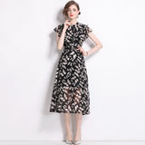 High-End Knee Dress Women's Summer 2024 Temperament Lotus Leaf Sleeve Fashion Waist Thin Print V-Neck Dress 68HZ