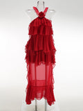 High-End Women's Sexy Lotus Leaf Side Strap Hanging Neck Dress Flower Decorative Perspective Skirt Dress Dress 68HZ