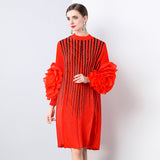 Ocean Gas Handmade Large Petal Striped Folded Dress Female Senior Sense Thin Long Folded Dress 68HZ