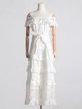 One-Word Shoulder-To-Shoulder-Backed T-Shirt Dress Woman 2025 Spring New Fashion Fashion Splicing Lace Waist Long Skirt 68HZ