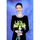 Nini Star With The Same Temperament Evening Dress Long-Sleeved Velvet Dress Annual Banquet Girl 68HZ