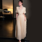 Sexy V-Neck Waist-Lined Bead Buckle With Chiffon Big Swing 100-Fold Long Dress Spring And Summer Women's Dress 2025 68HZ