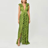 Solid-Color Open Fork Dress 2025 New Autumn V-Neck Wood Ear Design High-Waist Long Dress Woman 68HZ