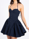 Hottie Women's Clothing Pure Style Stripes Hanging Neck To Bare Back Dress Women's Small Women's High-End Small Skirt 68HZ
