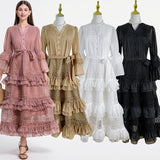 French Retro Court Hollow Lace Splicing Horn Sleeve Dress Female Waist Temperament Over Knee Cake Long Skirt 68HZ