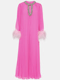 Small Group Liu Jialing With The Same Water Drill Ostrich Hair Decoration Long-Sleeved Holiday Chiffon Dress SP 68HZ