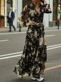 Spring And Summer New Holiday Style Single Buckle V-Neck A-Shaped Belt Retro Printed Short-Sleeved Dress Chiffon 68HZ