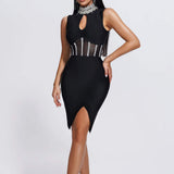Women's High-Collar Hot Diamond Sexy Hollow Net Yarn Before The Fork Banded Dress Direct Sales 68HZ