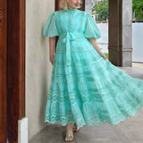 Temperament Literary Style Embroidery Design Solid Color Dress 2025 New Lantern Sleeve Strap To Collect Waist Long Dress Dress Woman 68HZ