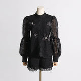 2025 New Design Embroidery Lace Fashion Suit Women Two Sets Of Lantern Sleeve Top + Casual Shorts Women 68HZ