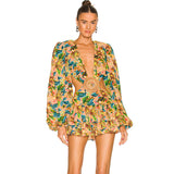New High-End Women's Clothing Deep V Pile Sleeve Sexy Skirt Temperament Hollow Elegant Dress 68HZ