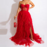 Sexy Bare Back Twidce Dress Women's Perspective Mesh Yarn Large Open Fork Dress Long 68HZ