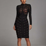 Women's Clothing Heavy Industry Nail Perspective Mesh Long-Sleeved Dress Banded Dress Burst 68HZ