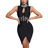 Women's High-Collar Hot Diamond Sexy Hollow Net Yarn Before The Fork Banded Dress Direct Sales 68HZ