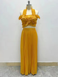 French Elegant Wind Two Sets 2025 New Chest Hanging Neck Loaf Side Top + High Waist Pressure Folded Skirt Dress 68HZ