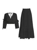 Australian Trendy Two-Piece Set 2025 New Fashion V-Neck Lace Embroidered Horn Sleeve Top + High-Waisted Long Dress 68HZ
