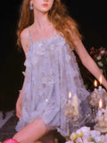 French Niche Doll Dress Water Drill Blue Flower Lint Seaside Sling Dress 68HZ