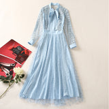 Scarf Long Sleeve Temperament Fashion Water-Soad Hook Flower Blue Dress 2025 Spring And Summer New Women's Clothing 68HZ