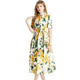 Short-Sleeved Print Dress 2025 Summer New Lapel Belt Repair Over Knee Skirt Yellow Dress 68HZ