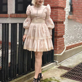 French Retro High-End Short Dress 2025 Summer New Fashion Collar Lantern Sleeve Mesh Waist Dress Dress Woman 68HZ