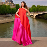 Elegance Elegant Dress 2025 Spring New Slant Shoulder Splicing Colliding Color Niche Personality Loose Body Dress Dress Woman 68HZ