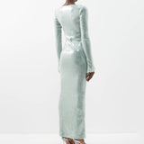 Fashion High-End Women's Sexy Leash V-Neck Horn Sleeve Dress Under The Fork Dress Dress 68HZ
