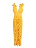 Solid-Color Open Fork Dress 2025 New Autumn V-Neck Wood Ear Design High-Waist Long Dress Woman 68HZ